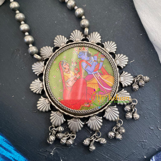 Silver Look Alike Afghani Pendant Chain Neckpiece-Krishna Radha-S435