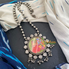 Silver Look Alike Afghani Pendant Chain Neckpiece-Krishna Radha-S435