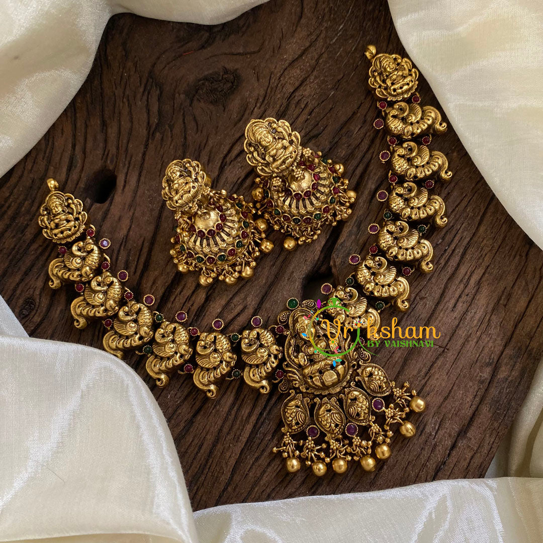 Gold Look Alike Lakshmi Pendant Short Neckpiece-Gold bead-G10344