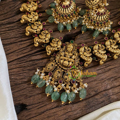 Gold Look Alike Lakshmi Pendant Short Neckpiece-Pastel Green Bead-G10325