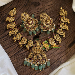 Gold Look Alike Lakshmi Pendant Short Neckpiece-Pastel Green Bead-G10325