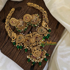 Gold Look Alike Lakshmi Pendant Short Neckpiece-Green bead-G10319