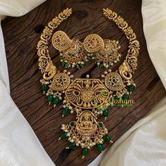 Gold Look Alike Lakshmi Pendant Short Neckpiece-Green bead-G10319