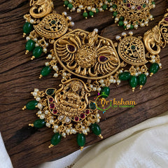 Gold Look Alike Lakshmi Pendant Short Neckpiece-Green bead-G10319