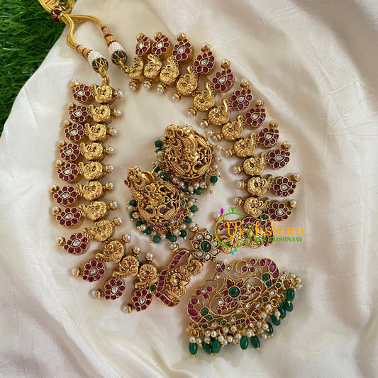 Gold Look Alike Short Neckpiece-Peacock-Green Bead-G5464