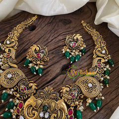 Green Bead Antique Choker Short Neckpiece-Elephants-G10309