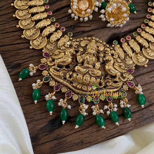 Coin Style Gold Look Alike Lakshmi Pendant Short Neckpiece-Green bead-G10343