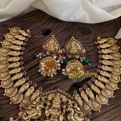 Coin Style Gold Look Alike Lakshmi Pendant Short Neckpiece-Green bead-G10343