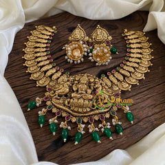 Coin Style Gold Look Alike Lakshmi Pendant Short Neckpiece-Green bead-G10343