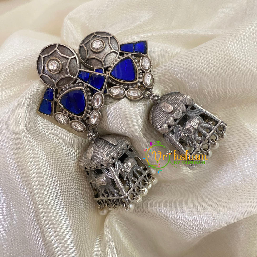 Royal Blue Silver Look Alike Jhumkas  -S493