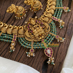 Layered Green Bead Lakshmi Pendant Choker Short Neckpiece-G10311