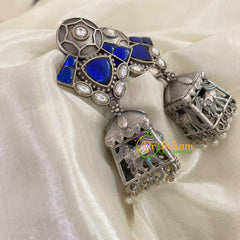 Royal Blue Silver Look Alike Jhumkas  -S493