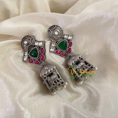 Green Red Silver Look Alike Jhumkas  -S492