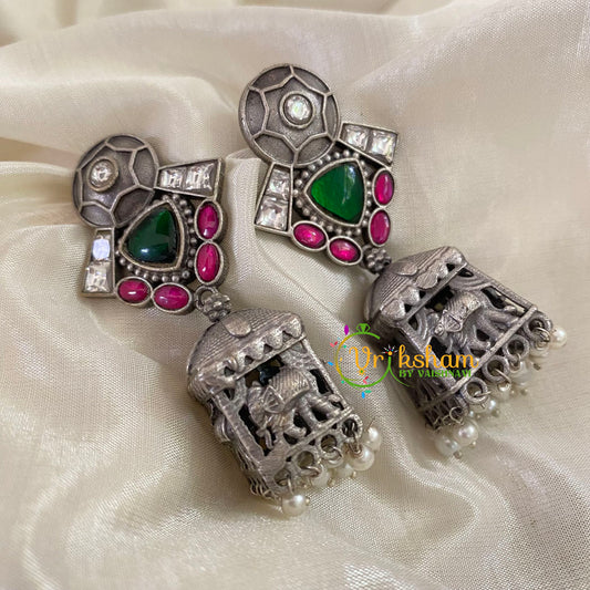 Green Red Silver Look Alike Jhumkas  -S492