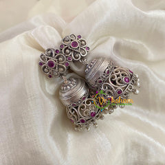 Silver Look Alike Jhumkas -Pink -S490