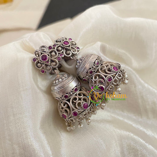 Silver Look Alike Jhumkas -Pink -S490