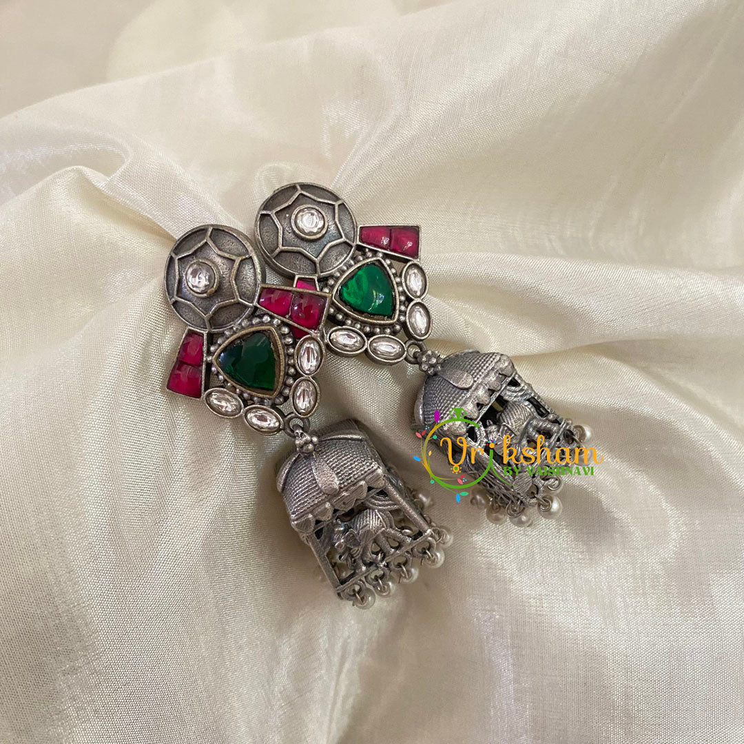 Red Green Silver Look Alike Jhumkas  -S491