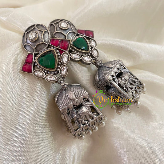 Red Green Silver Look Alike Jhumkas  -S491