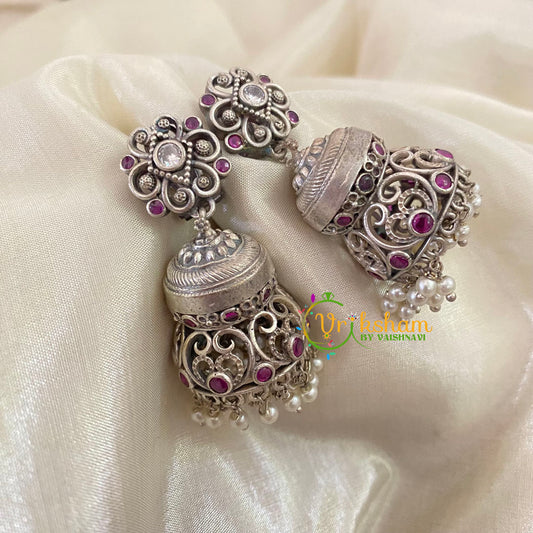 Silver Look Alike Jhumkas -Pink and White-S489