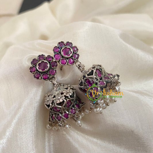 Silver Look Alike Jhumkas -Pink -S488