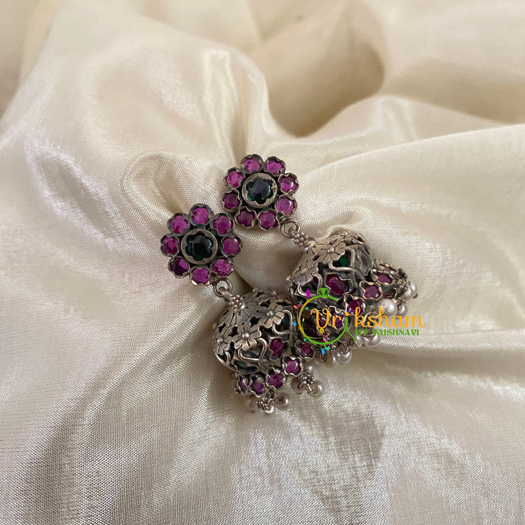 Silver Look Alike Jhumkas -Pink Green  -S487