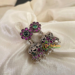 Silver Look Alike Jhumkas -Pink Green  -S487