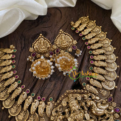 Coin Style Gold Look Alike Lakshmi Pendant Short Neckpiece-Gold bead-G10345