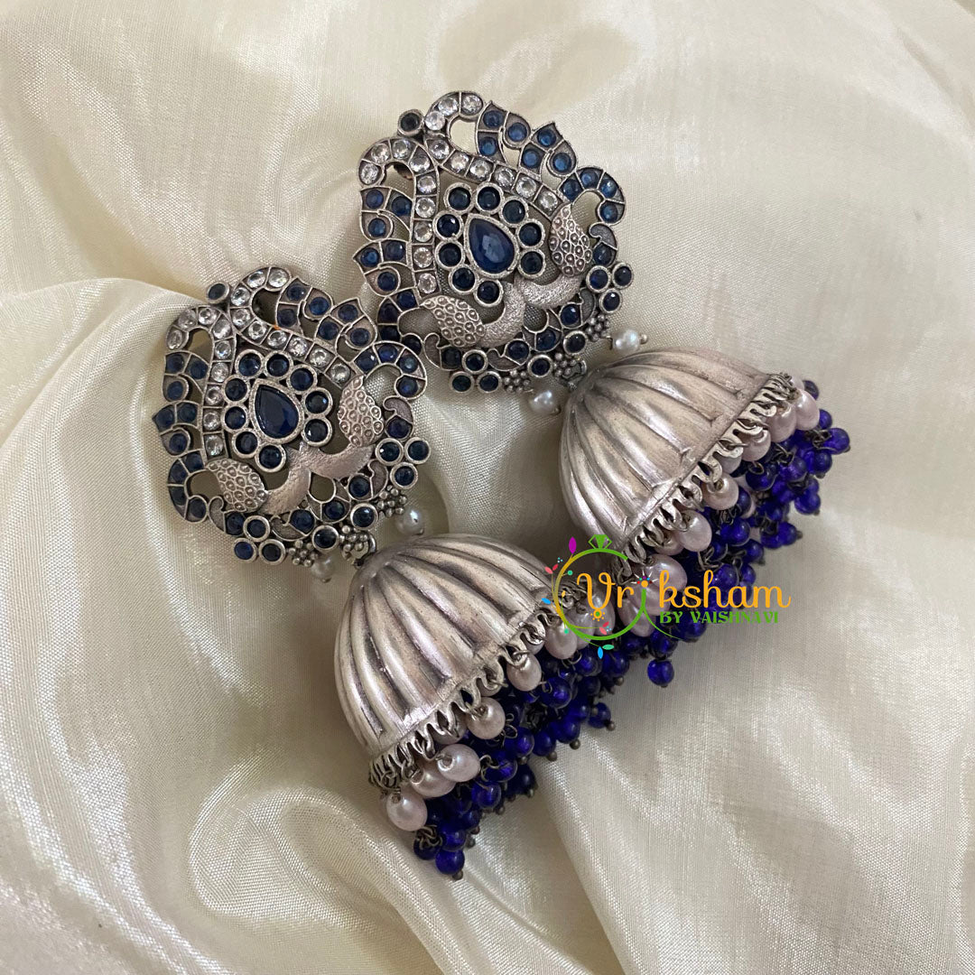 Blue Stone Silver Look Alike Jhumkas -Jumbo Jhumkas -S486