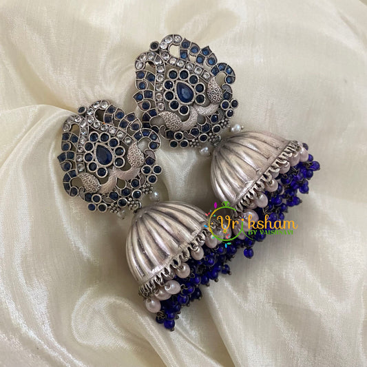 Blue Stone Silver Look Alike Jhumkas -Jumbo Jhumkas -S486