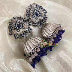 Blue Stone Silver Look Alike Jhumkas -Jumbo Jhumkas -S486