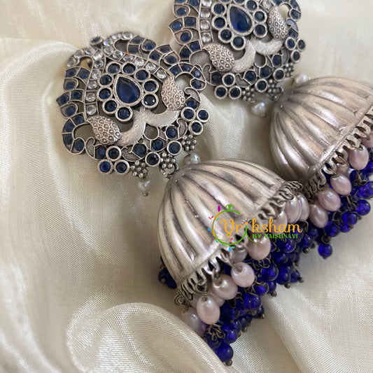 Blue Stone Silver Look Alike Jhumkas -Jumbo Jhumkas -S486