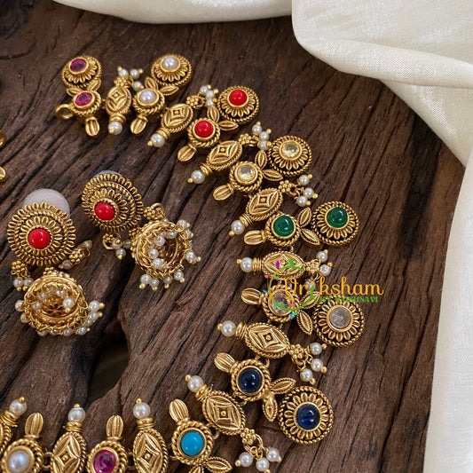 Navrathna Coin Style AD Stone Choker Short Neckpiece-G10298