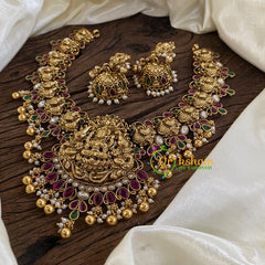 Gold Look Alike Lakshmi Pendant Short Neckpiece-Gold bead-G10316