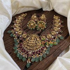 Gold Look Alike Lakshmi Pendant Short Neckpiece-Pastel Green bead-G10315