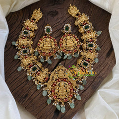 Gold Look Alike Lakshmi Pendant Short Neckpiece-Pastel Green bead-G10314