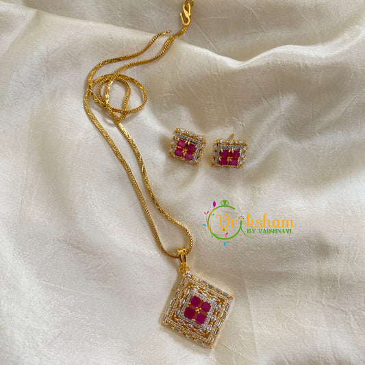 Gold Look Alike Chain with AD Stone Pendant-Dice-Pink-G6301