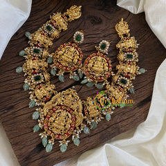 Gold Look Alike Lakshmi Pendant Short Neckpiece-Pastel Green bead-G10314