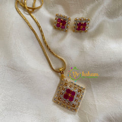 Gold Look Alike Chain with AD Stone Pendant-Dice-Pink-G6301