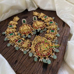 Gold Look Alike Lakshmi Pendant Short Neckpiece-Pastel Green bead-G10314