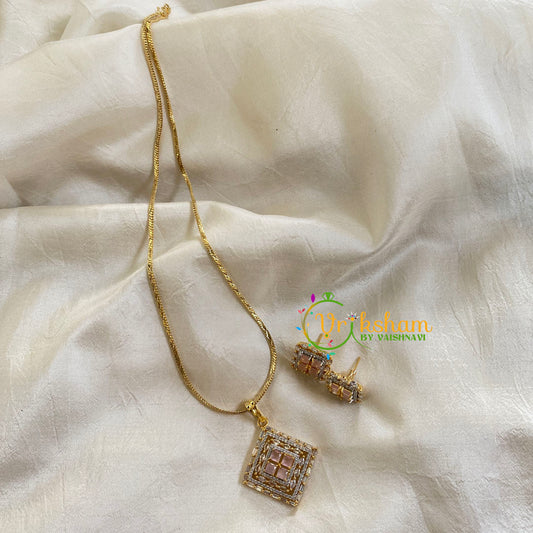 Gold Look Alike Chain with AD Stone Pendant-Dice-Peach-G6302