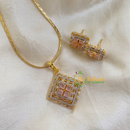 Gold Look Alike Chain with AD Stone Pendant-Dice-Peach-G6302