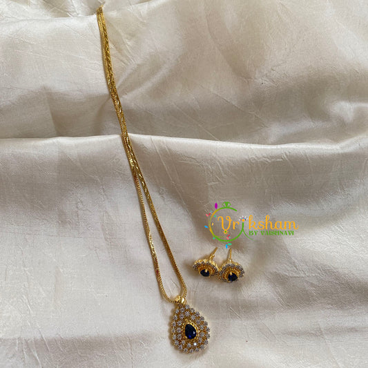 Gold Look Alike Chain with AD Stone Pendant-Blue-Tilak-G6306