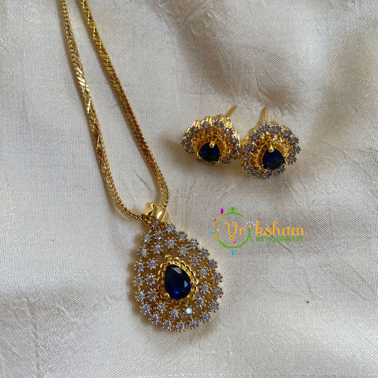 Gold Look Alike Chain with AD Stone Pendant-Blue-Tilak-G6306