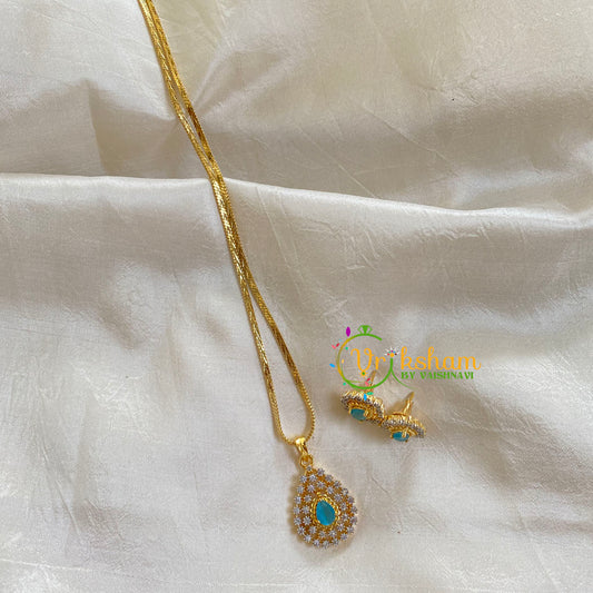 Gold Look Alike Chain with AD Stone Pendant-Sky Blue-Tilak-G6308