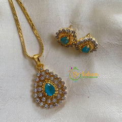 Gold Look Alike Chain with AD Stone Pendant-Sky Blue-Tilak-G6308