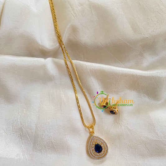 Gold Look Alike Chain with AD Stone Pendant-Dark Blue -G6330