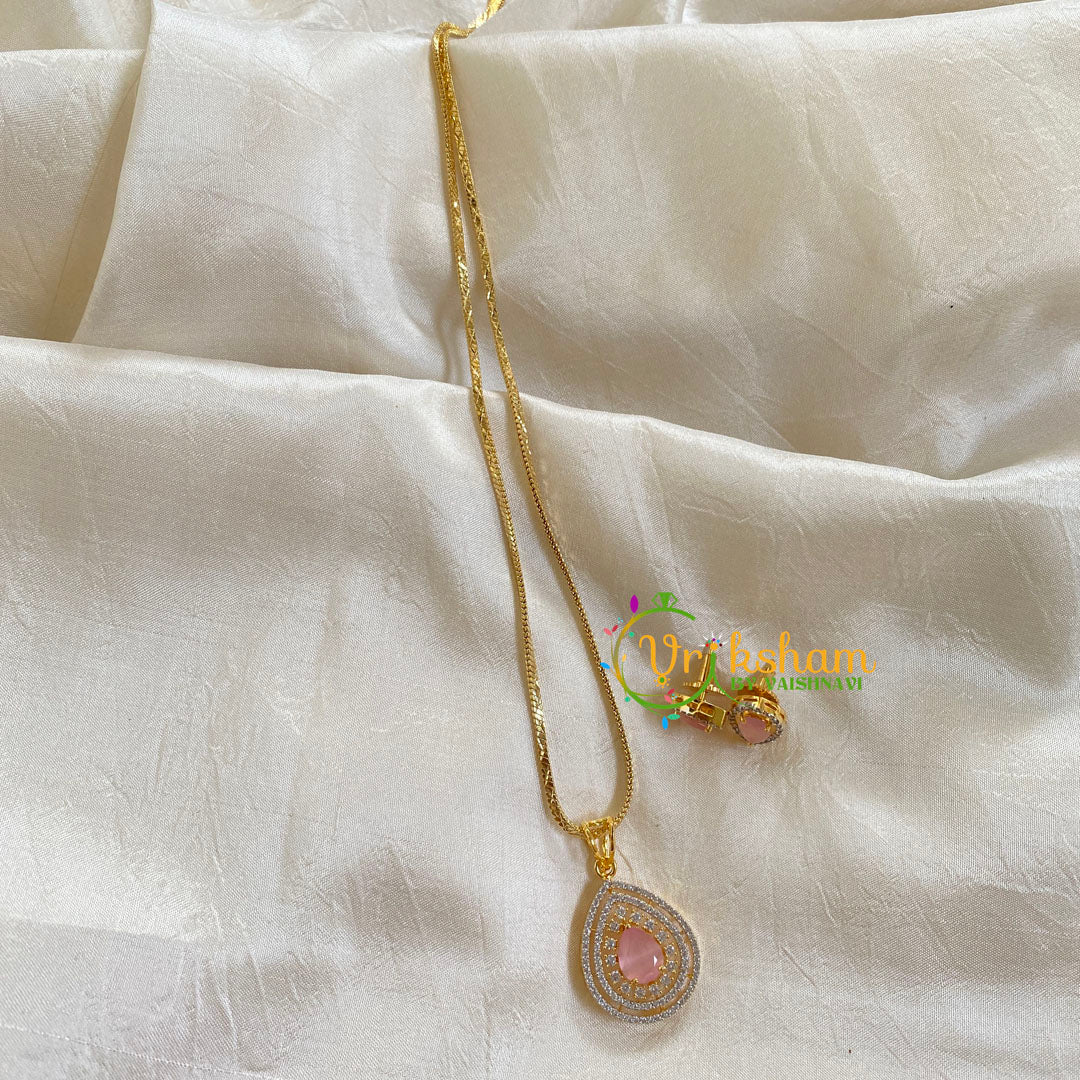 Gold Look Alike Chain with AD Stone Pendant-Peach-G6329