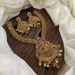 Gold Look Alike Lakshmi Pendant Short Neckpiece-Pearl-G10313