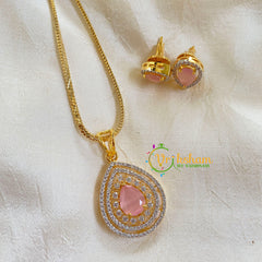 Gold Look Alike Chain with AD Stone Pendant-Peach-G6329