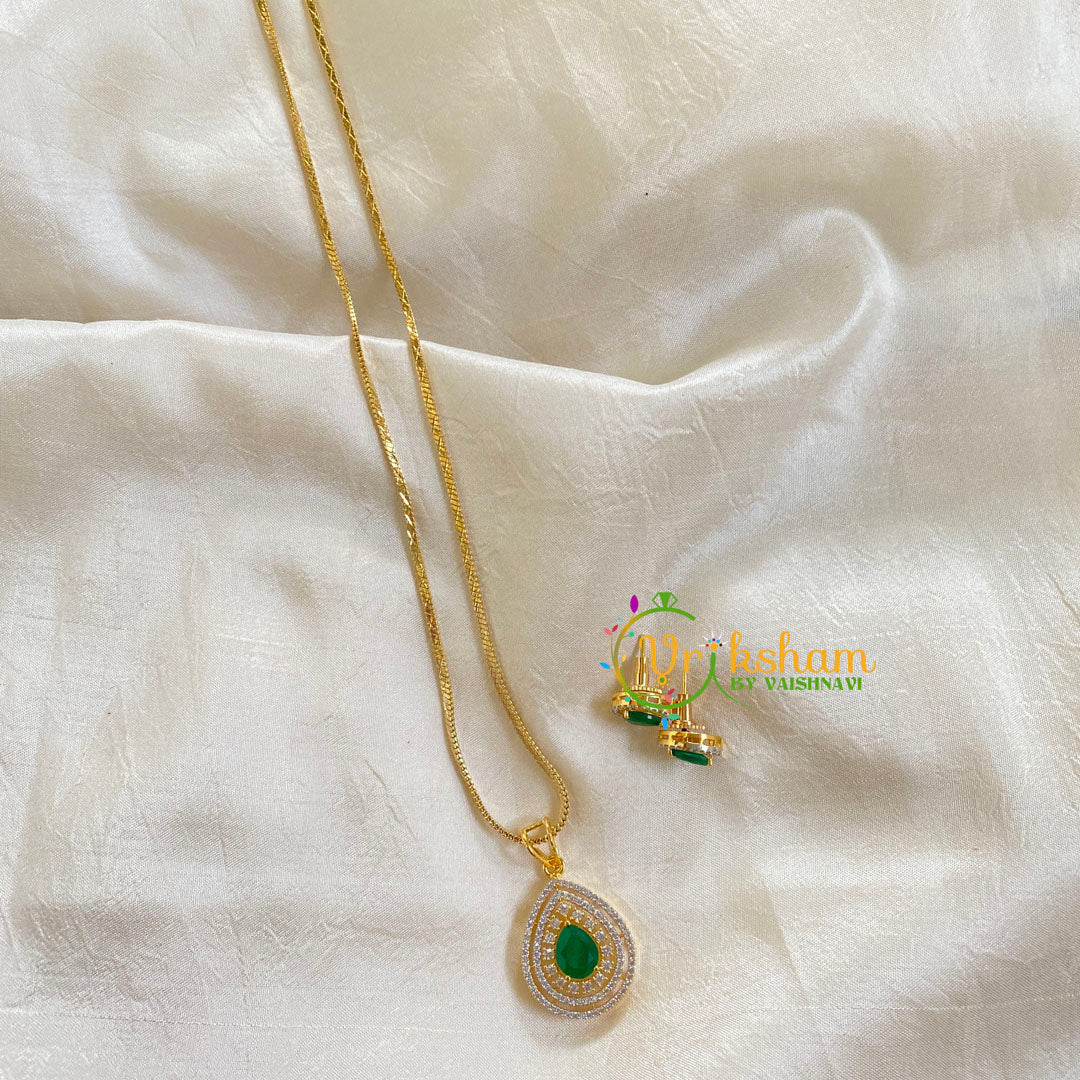 Gold Look Alike Chain with AD Stone Pendant-Green -G6328